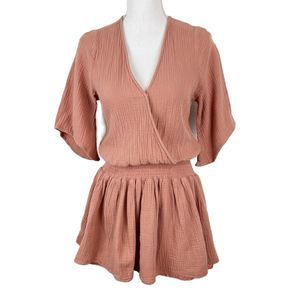 Miou Muse Tunic Blouse Women Small Orange Textured Short Sleeve Fit Flare Mini